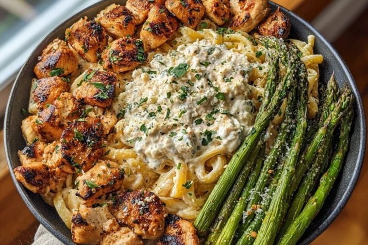 Savory Greek Chili Chicken Alfredo Recipe with Smoked Feta Cream & Crispy Parmesan Asparagus