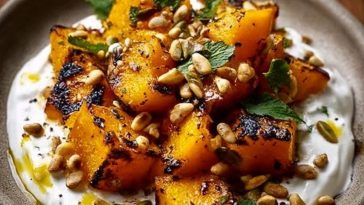 Savory Roasted Pumpkin with Creamy Lemon Yogurt and Crunchy Pine Nuts