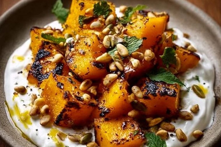 Savory Roasted Pumpkin with Creamy Lemon Yogurt and Crunchy Pine Nuts