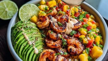 Shrimp and Avocado Bowls with Mango Salsa & Lime-Chili Sauce