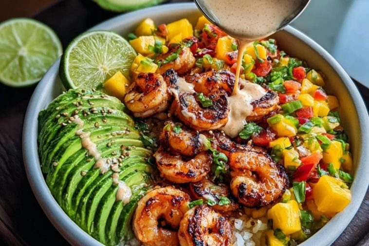 Shrimp and Avocado Bowls with Mango Salsa & Lime-Chili Sauce