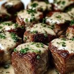 Tender Steak Bites in Garlic Butter with Creamy Parmesan Sauce