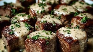 Tender Steak Bites in Garlic Butter with Creamy Parmesan Sauce