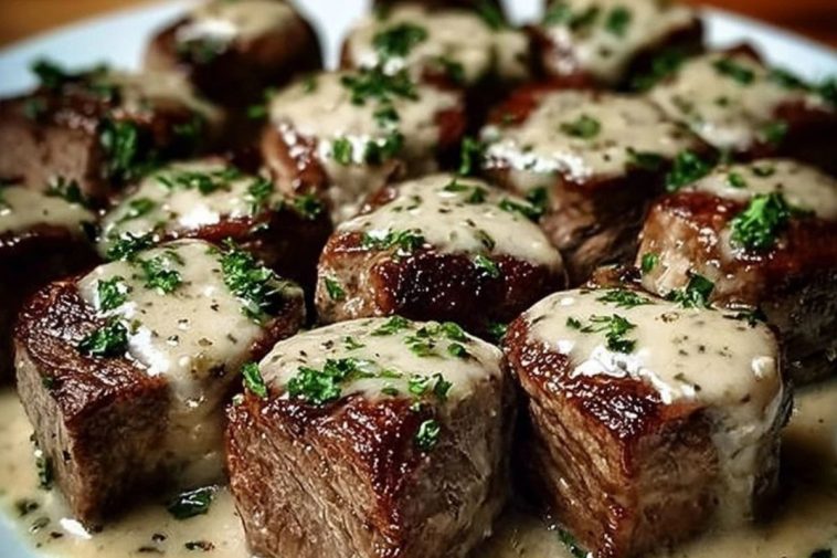 Tender Steak Bites in Garlic Butter with Creamy Parmesan Sauce