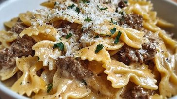 Creamy Parmesan Garlic Beef Bowtie Pasta