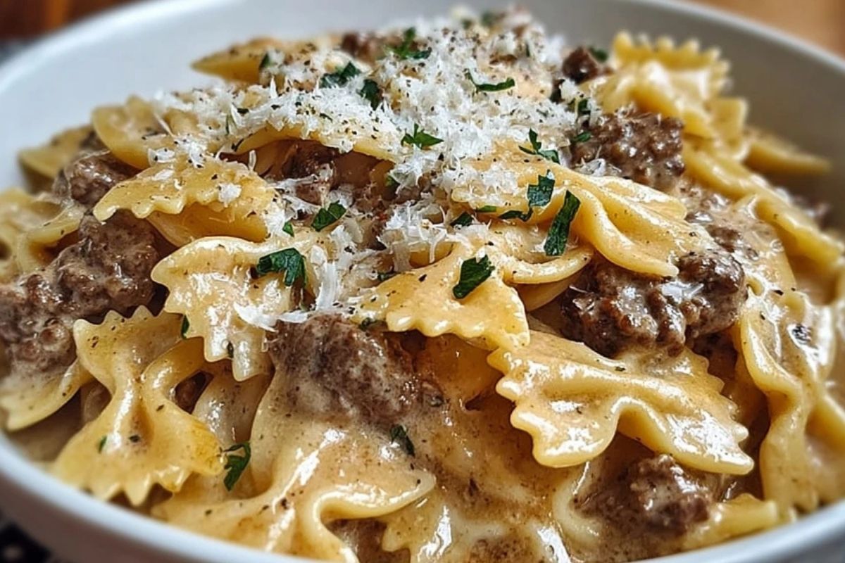 Creamy Parmesan Garlic Beef Bowtie Pasta