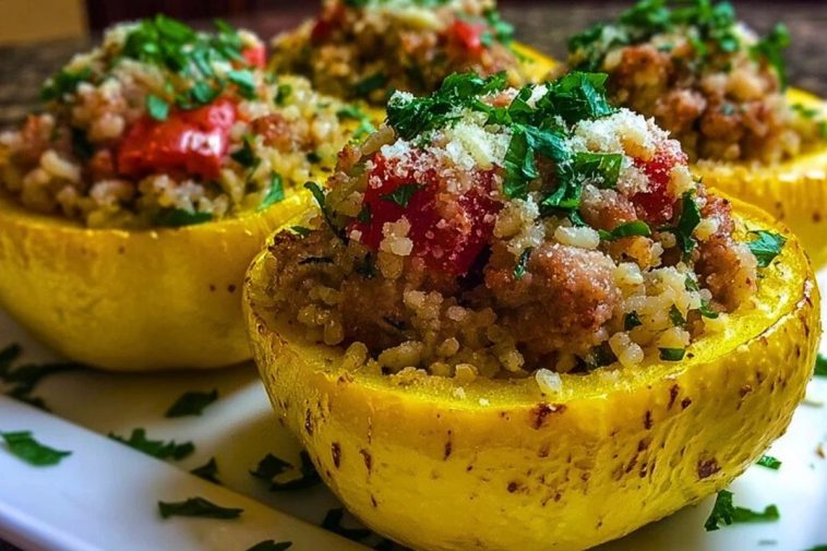 Stuffed Patty Pan Squash with Sausage and Rice
