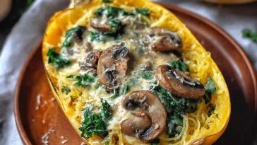 Spaghetti Squash with Mushroom and Spinach Cream Sauce