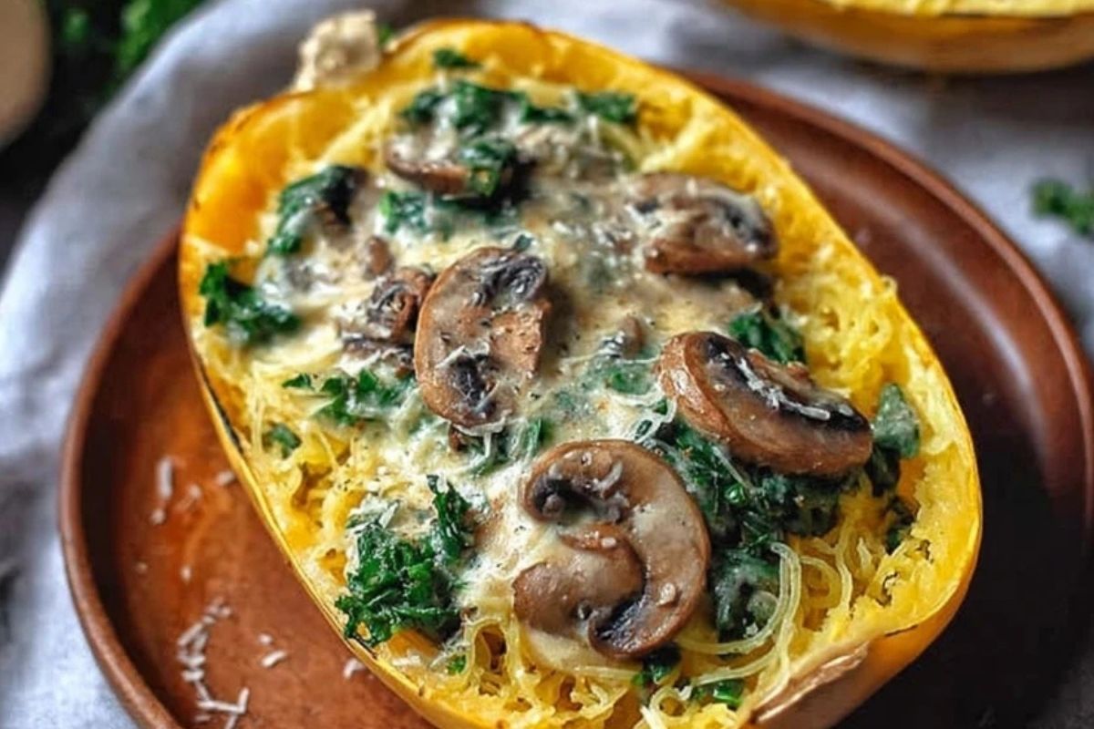 Spaghetti Squash with Mushroom and Spinach Cream Sauce