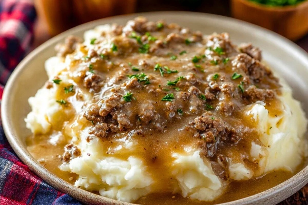 Ground Beef and Gravy Over Mashed Potatoes