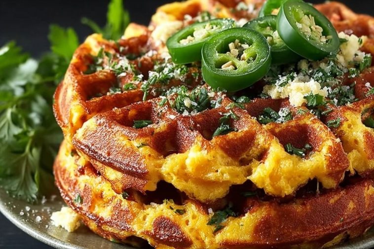 Spicy Cheddar Jalapeño Cornbread Waffles