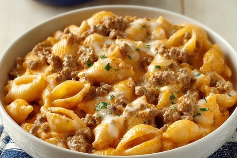 Crockpot Cheesy Ranch Beef Pasta Shells