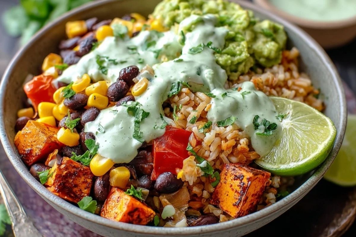 Black Bean and Rice Bowl with Cilantro Lime Yogurt Sauce
