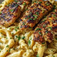 Cheddar Parmesan Garlic Butter Chicken with Creamy Penne Pasta