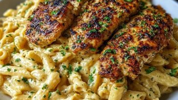 Cheddar Parmesan Garlic Butter Chicken with Creamy Penne Pasta