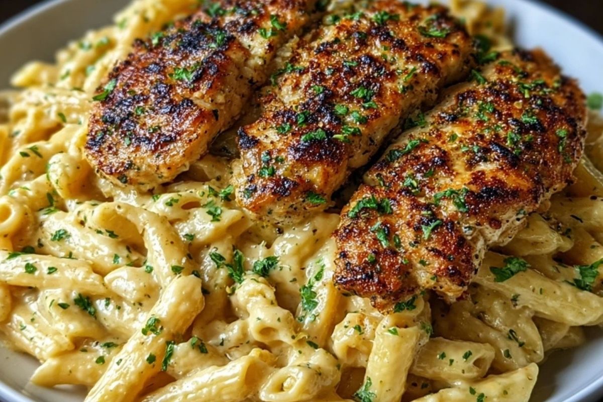 Cheddar Parmesan Garlic Butter Chicken with Creamy Penne Pasta