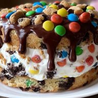 Decadent Chocolate M&M's and Chocolate Chip Cookie Dough Ice Cream Cake