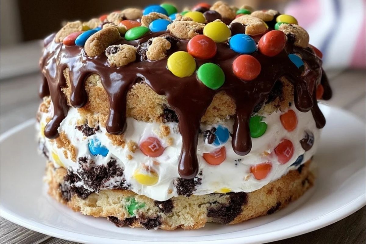 Decadent Chocolate M&M's and Chocolate Chip Cookie Dough Ice Cream Cake
